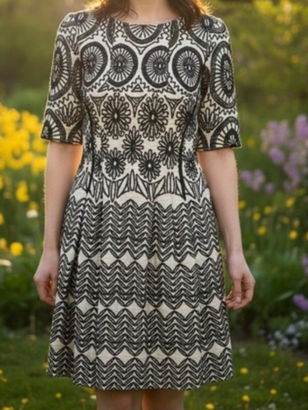 Taylor Black & Cream Elbow Sleeve Fit & Flare Dress